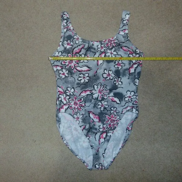 Kathy Ireland Grey White Pink Flowers Cotton Leotard XL - Picture 6 of 6